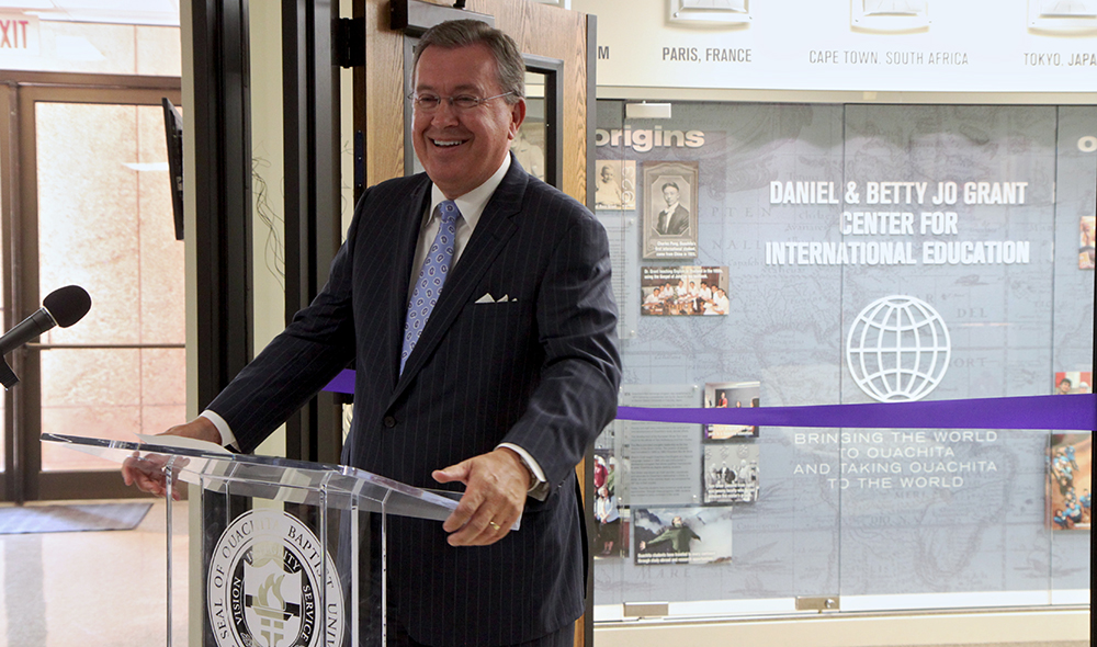 Ouachita Baptist University President Rex Horne speaks during the Sept. 12 dedication service for the university’s renovated Daniel and Betty Jo Grant Center for International Education.